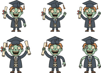 Cartoon zombie graduate with diploma, funny undead student, graduation cap, skeleton suit, celebration, education concept, animated zombie character.