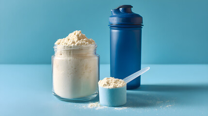 White protein powder in transparent jar with scoop and blue bottle on light blue background --ar 16:9