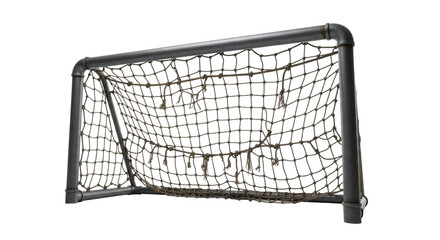 Robust charcoal grey industrial goal frame, aged cast iron pipes, weathered nautical twine net, isolated transparent background, clean product photography concept of industrial durability.