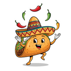Cheerful Mexican taco mascot character in a sombrero juggling spicy chili peppers.