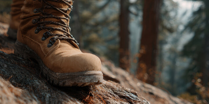 Rugged hiking boot steps on rocky forest trail - Powered by Adobe
