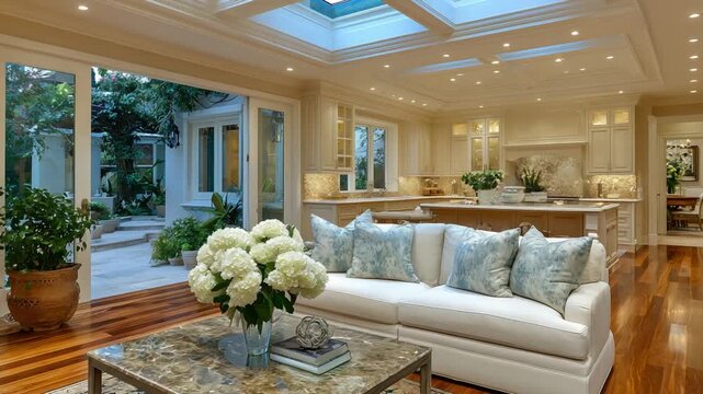 Discover a luxurious open-concept home featuring a seamless blend of an airy living room, chic dining area, and modern kitchen, all enhanced by polished hardwood floors.