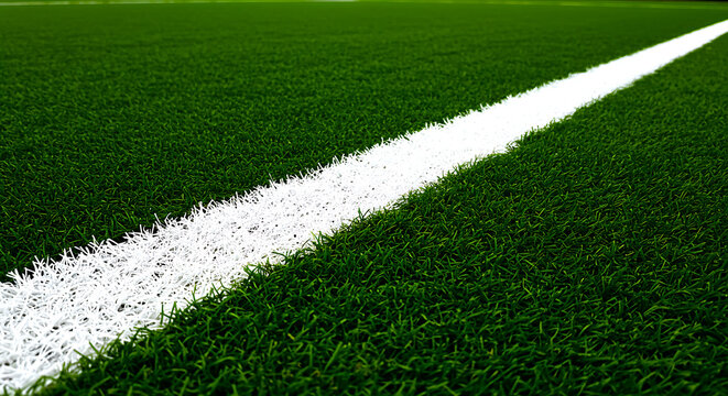 Close up perspective of a bright white painted line on a vibrant green artificial turf sports field - Powered by Adobe