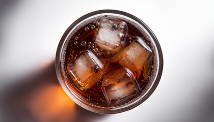 the refreshing cold soda drink with ice and bubbles against a transparent background from a top view perspective