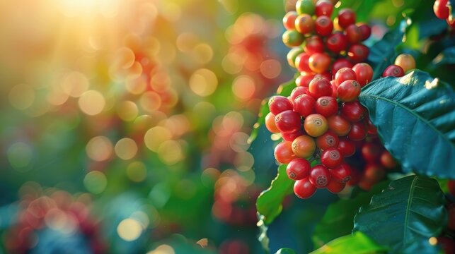 Coffee trees, red and green coffee beans, natural bokeh light blurred background.