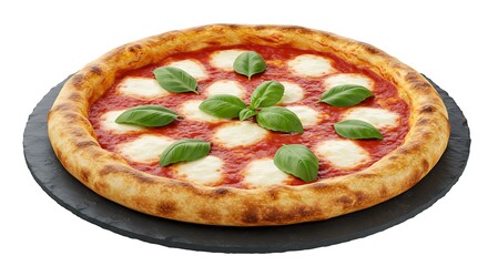 Delicious Margherita pizza with fresh basil on a black stone platter, perfect for food blogs or menu designs