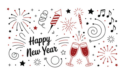 Fun hand drawn new years party doodles vector fireworks cocktails streamers rockets design. Year year doodles designs.