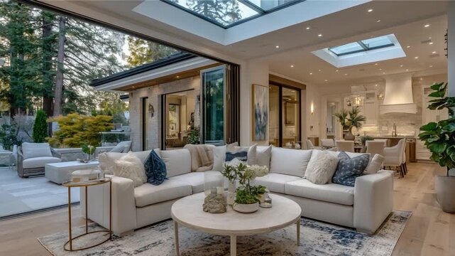 Experience modern luxury in this open floor plan home featuring hardwood floors and abundant natural light from skylights and oversized windows.