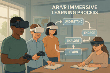 AR/VR immersive learning process depicted with diverse students using virtual reality headsets in classroom setting, highlighting stages like understand, engage, explore, and learn