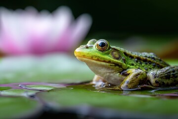 Fototapeta premium A close-up of a vibrant green frog resting on a lily pad, with a soft-focused pink water lily in the background, showcasing the tranquil beauty of a pond ecosystem.