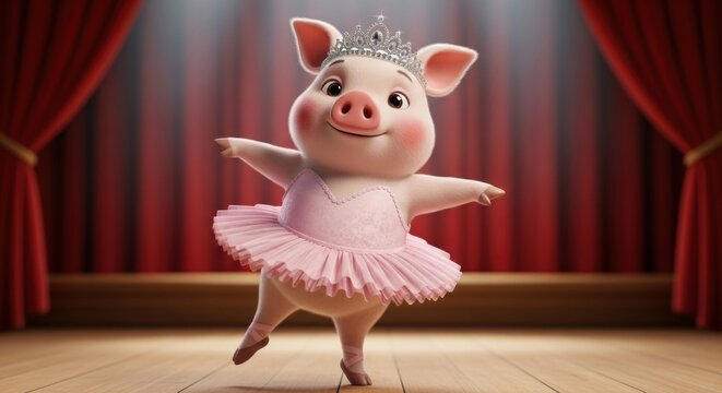 A cartoon pig wearing a pink tutu and crown, dancing on a stage