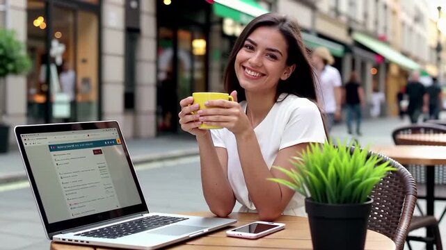 Happy businesswoman working remotely on laptop at outdoor cafe terrace with coffee and smartphone. Professional freelancer enjoys flexible workspace lifestyle with technology and urban background.