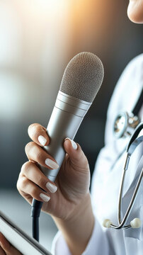 Electronic medical records dictate care with clarity as doctor holds microphone, stethoscope gleams, soft light adds focus and calm