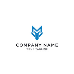 Modern abstract blue logo design featuring stylized letters M and T, resembling a fox head, with placeholder text for company name and tagline.