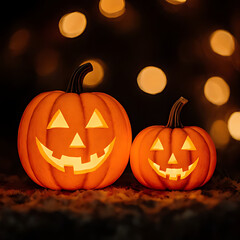 Fototapeta premium Two Glowing Jack-o'-Lantern Pumpkins with Bokeh Lights Background