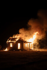 House on Fire at Night with Flames and Smoke