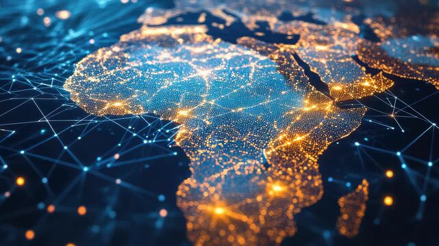 Digital map of Africa showing glowing connections and networks, symbolizing connectivity technology - Powered by Adobe