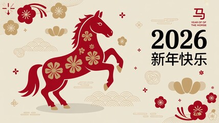 Chinese new year 2026 poster horse zodiac sign festive celebration with text.