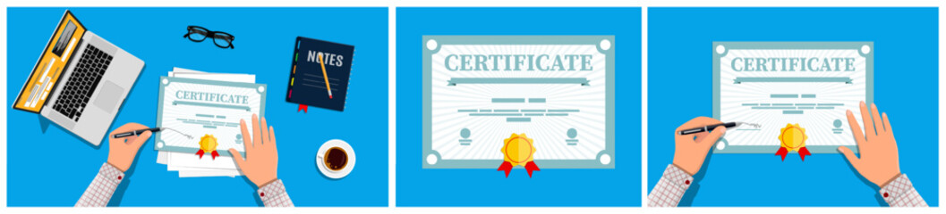 Man hand signing diploma certificate. Successful graduation document concept. Education training achievement for award ceremony.