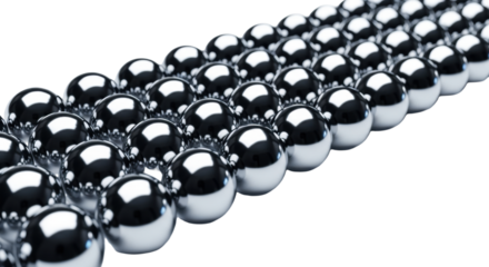 Hyper-detailed macro of precisely engineered, perfectly spherical chrome pellets, 1-2cm diameter, high-gloss mirror surface reflecting blue and white light, arranged in parallel rows on a transparent