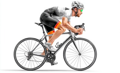Naklejka premium Male cyclist riding a road bike wearing sport gear on white background