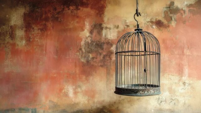 Rusted empty birdcage against aged, textured wall