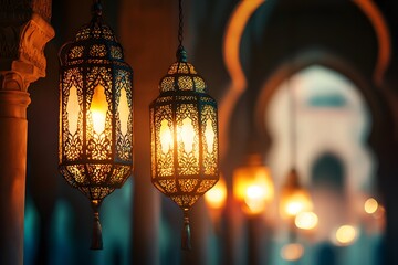 Ornate lanterns hanging in a dimly lit hallway with arches in the background creating a warm glow