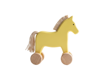 A charming, soft pastel yellow wooden toy horse with light beige felt mane, on unpainted wooden wheels, against a transparent background, conveying childhood nostalgia and playful imagination