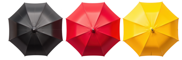 Colorful umbrellas in black, red, and yellow arranged in row, showcasing their vibrant designs and glossy finishes, perfect for rainy days