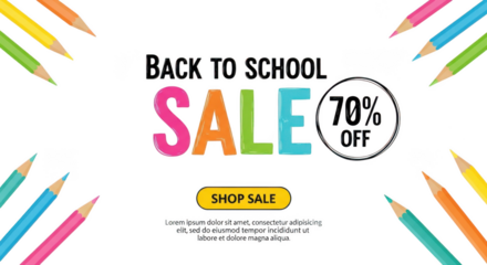 Back to school sale with seventy percent off and colorful pencils isolated on transparent background