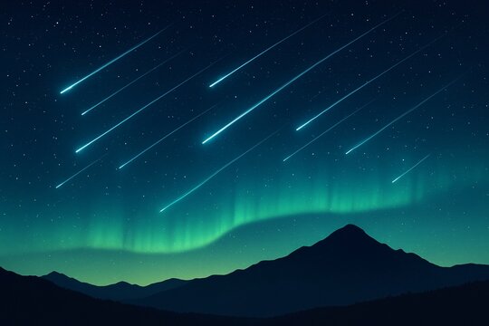 Meteor shower with northern lights over mountains