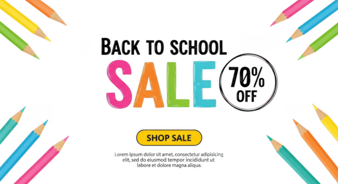 Back to school sale with seventy percent off and colorful pencils isolated on transparent background
