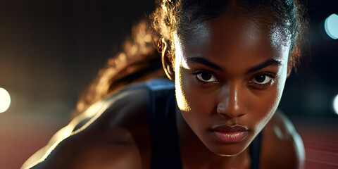Determined female sprinter at starting line, Focused athlete ready to run, Close-up of track runner's intense gaze
