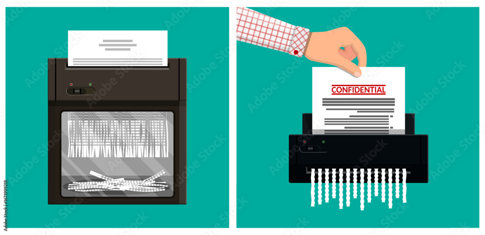 Poster man shreds confidential document with paper shredder. data protection and information security conce