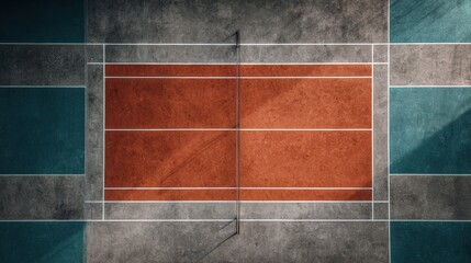 Tennis Court Perspective: An overhead perspective of a tennis court, emphasizing the geometric shapes and textures of the playing surface. the texture and lines of the court are the focal point.