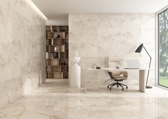 Open space office interior design with beige marble wall and floor, wooden bookshelf, waiting area, tails floor and big window with city view. 3D Rendering