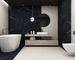 Luxurious bathroom features a white and black tiled wall and marble floor, a concrete basin with a circular mirror above it, and a hanging gorgeous lamp. 3D Illustrations. 3D Rendering