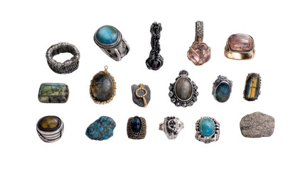 Handcrafted Jewelry Design: Detailed handcrafted jewelry pieces with unique designs and gemstones, isolated on a Transparent background, PNG file.