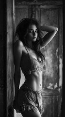 Realistic black and white drawing of a young woman in lingerie