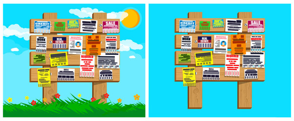 Bulletin board with various paper adverts and business notes. Community classified announcement for job, credit, money, or sale.