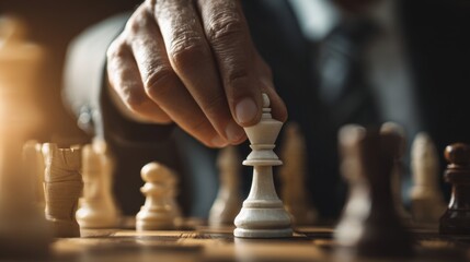 Strategic Move on Chessboard: A hand carefully positions the white king on a chessboard, representing strategy, planning, and the art of making calculated decisions.
