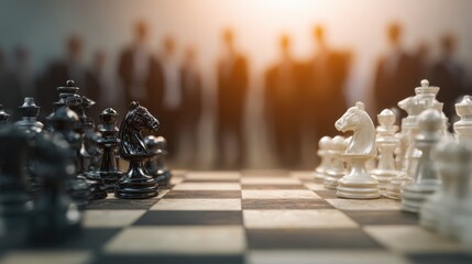 Strategic Boardroom: A chessboard with pieces set, viewed with business people out of focus. It embodies strategic planning, leadership, and competitive business strategies.