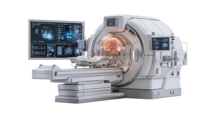 Obraz premium High-tech medical imaging system with real-time 3D reconstruction, isolated on a Transparent background, PNG file.