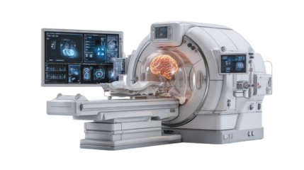 High-tech medical imaging system with real-time 3D reconstruction, isolated on a Transparent background, PNG file.