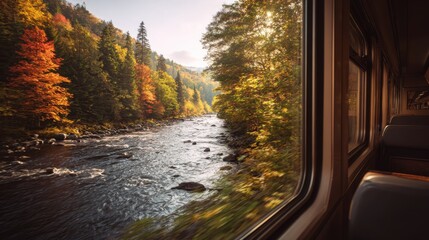 Obraz premium Autumn River Landscape from Train: Witness the breathtaking beauty of autumn through a train window, where a vibrant river winds its way through a colorful forest, painting a picturesque travel scene.