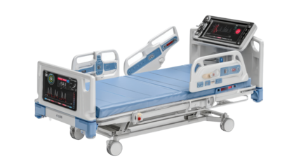 High-tech patient bed with automated adjustments and digital controls, isolated on a Transparent background, PNG file.