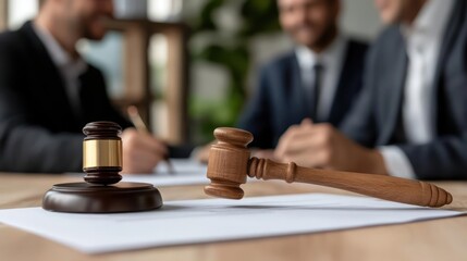 Legal professionals deliberating with gavel and paperwork in a bright office setting