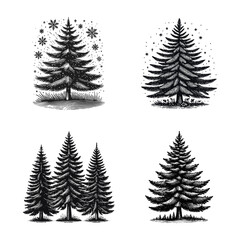 Fototapeta premium Set of Black and White Pine Tree Illustrations, Hand-Drawn Engraving Style Evergreen Trees with Snowflakes and Stars for Winter and Christmas Designs