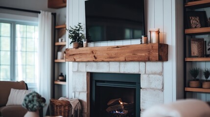 Cozy Living Room Interior with Stone Fireplace Wood Mantel and Built In Shelves in a Well Lit and Modern Home