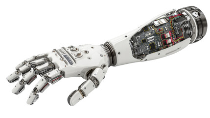 High-tech robotic prosthetic arm with digital controls, isolated on a Transparent background, PNG file.